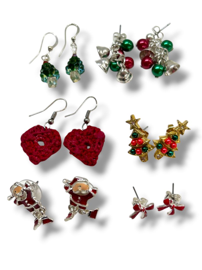 6 Pair Holiday Christmas Pierced Earrings Trees Bells Santa