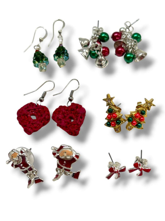 6 Pair Holiday Christmas Pierced Earrings Trees Bells Santa