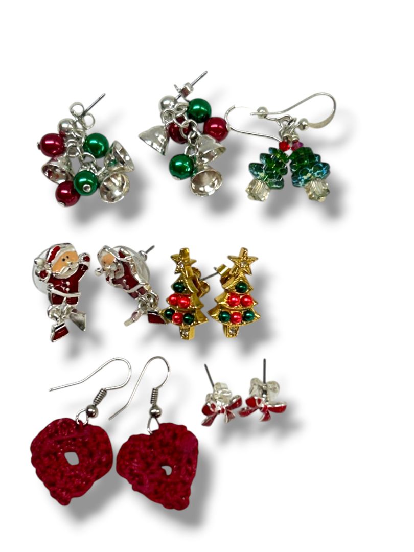 6 Pair Holiday Christmas Pierced Earrings Trees Bells Santa