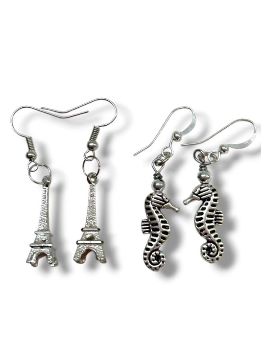 2 Pair Pierced Fishhook Earrings 1.75" Drop Eiffel Tower Seahorse