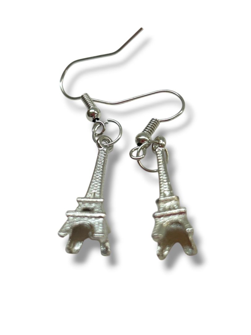 2 Pair Pierced Fishhook Earrings 1.75" Drop Eiffel Tower Seahorse