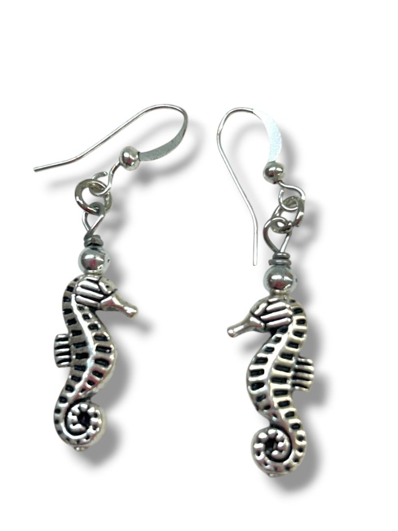 2 Pair Pierced Fishhook Earrings 1.75" Drop Eiffel Tower Seahorse