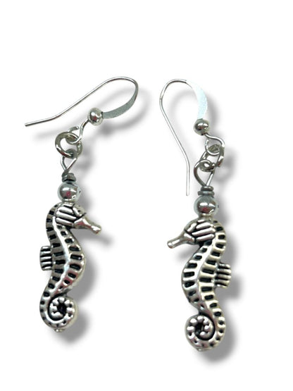 2 Pair Pierced Fishhook Earrings 1.75" Drop Eiffel Tower Seahorse