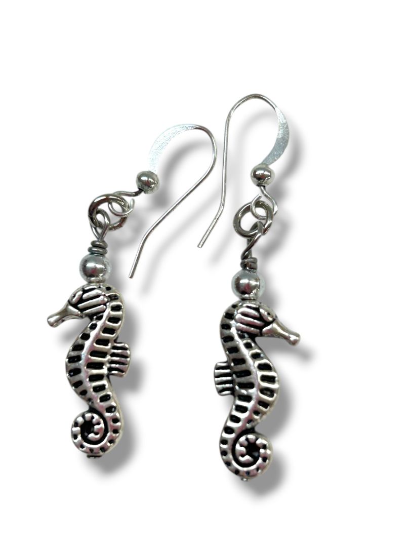 2 Pair Pierced Fishhook Earrings 1.75" Drop Eiffel Tower Seahorse