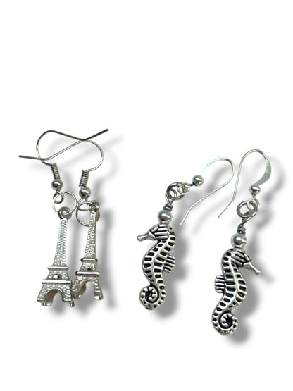 2 Pair Pierced Fishhook Earrings 1.75" Drop Eiffel Tower Seahorse