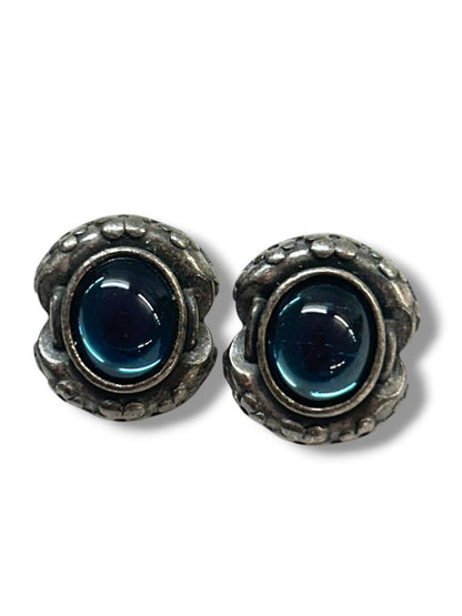 2 Pair Pewter Color Post Pierced Earrings Hoop .75" Oval Blue Center .75"