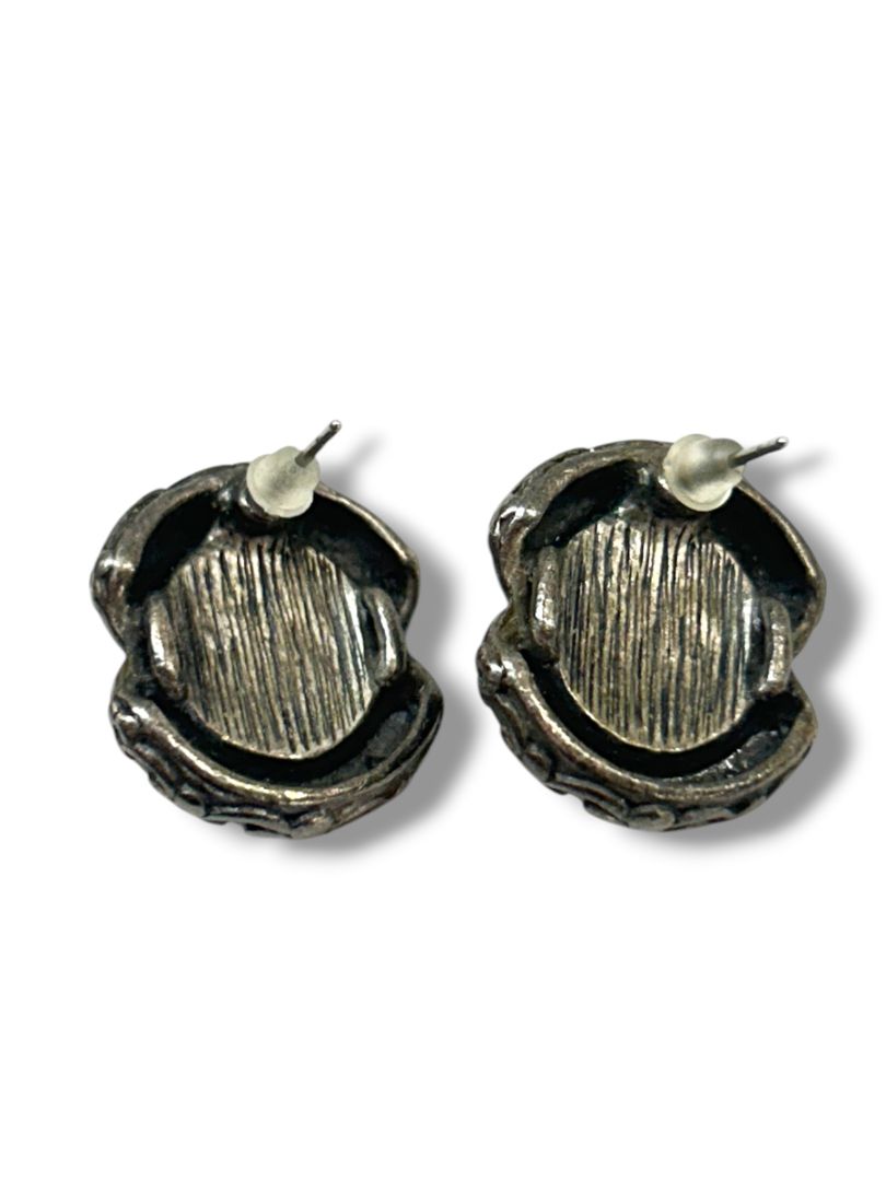 2 Pair Pewter Color Post Pierced Earrings Hoop .75" Oval Blue Center .75"