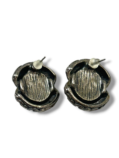 2 Pair Pewter Color Post Pierced Earrings Hoop .75" Oval Blue Center .75"