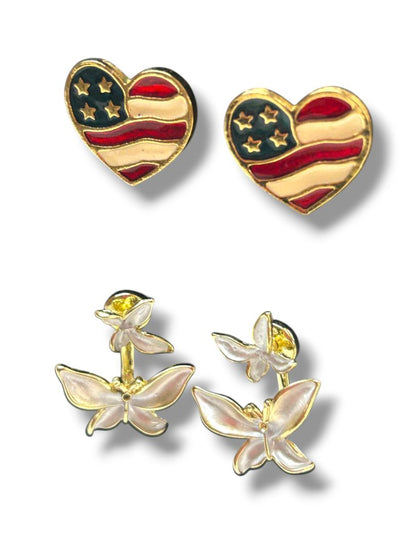 2 Pair Goldtone Post Pierced Earrings Avon Flag Heart .6" Butterfly 1"