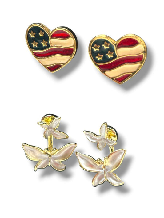 2 Pair Goldtone Post Pierced Earrings Avon Flag Heart .6" Butterfly 1"