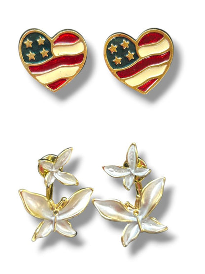 2 Pair Goldtone Post Pierced Earrings Avon Flag Heart .6" Butterfly 1"