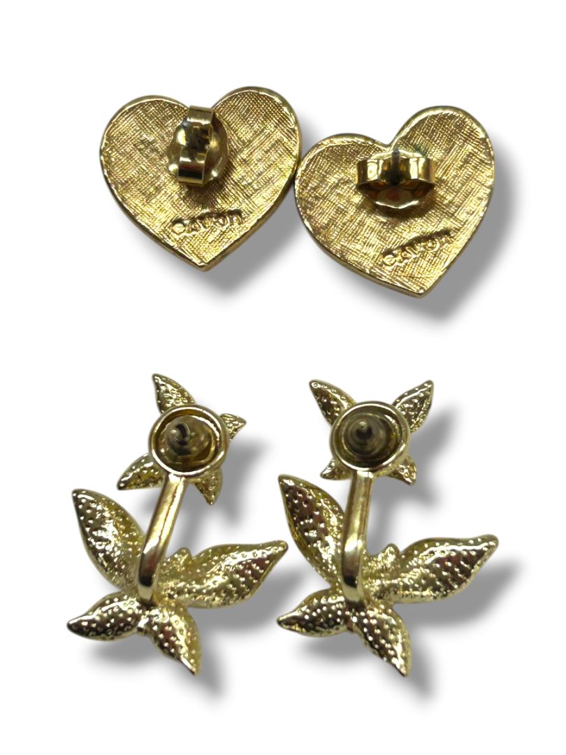 2 Pair Goldtone Post Pierced Earrings Avon Flag Heart .6" Butterfly 1"