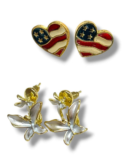 2 Pair Goldtone Post Pierced Earrings Avon Flag Heart .6" Butterfly 1"