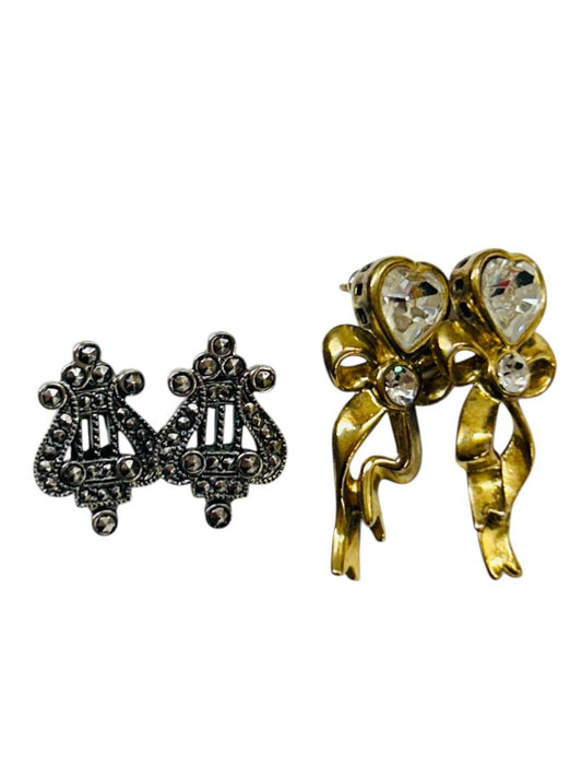 2 Pair Earrings Post Pierced Monet Goldtone Bow 1.8" Avon Harp Silvertone 1.8"