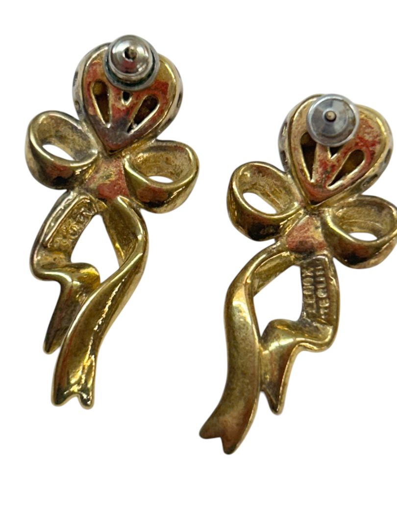 2 Pair Earrings Post Pierced Monet Goldtone Bow 1.8" Avon Harp Silvertone 1.8"