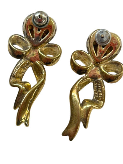 2 Pair Earrings Post Pierced Monet Goldtone Bow 1.8" Avon Harp Silvertone 1.8"