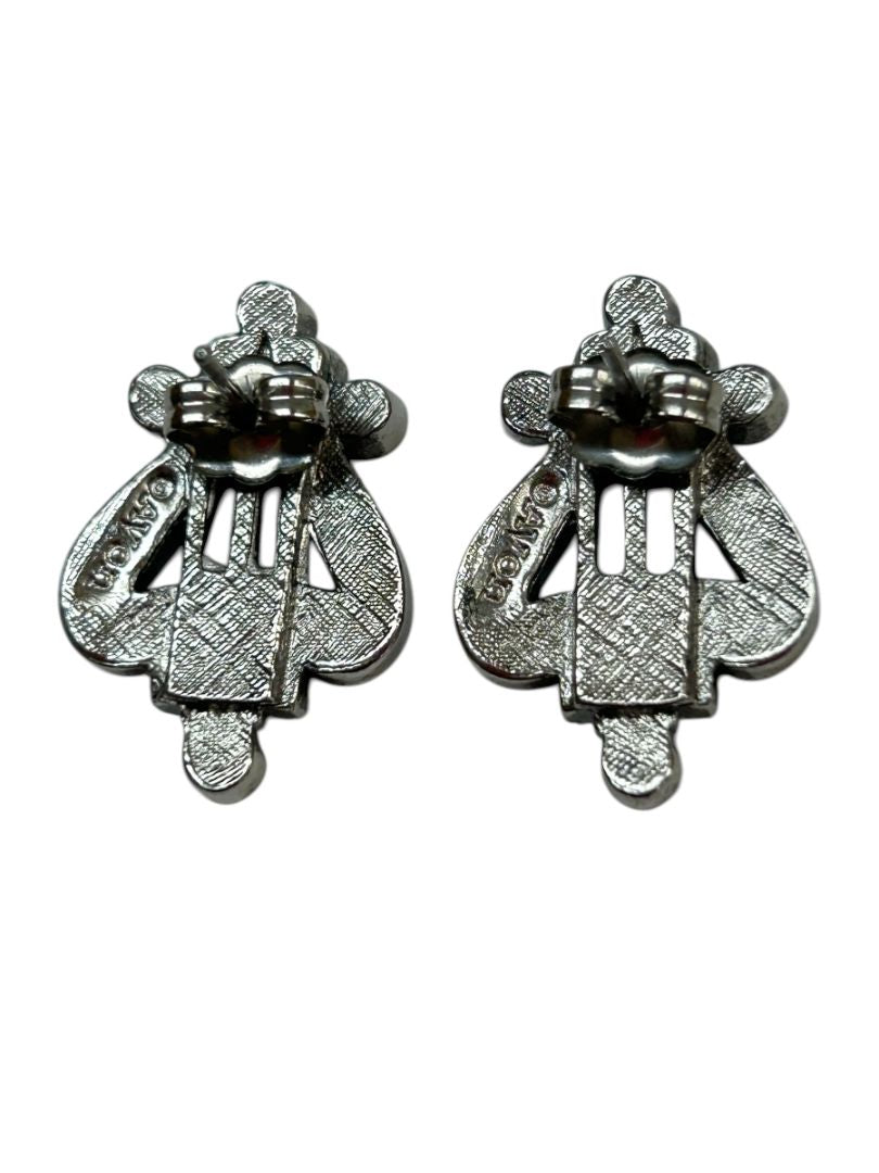 2 Pair Earrings Post Pierced Monet Goldtone Bow 1.8" Avon Harp Silvertone 1.8"