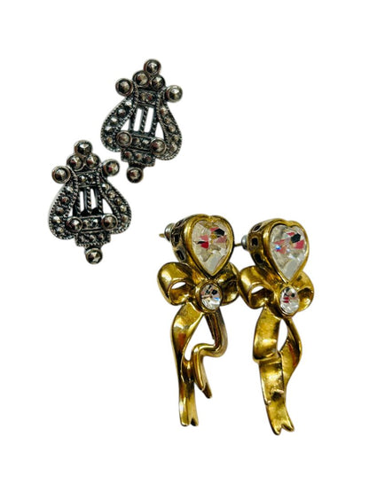 2 Pair Earrings Post Pierced Monet Goldtone Bow 1.8" Avon Harp Silvertone 1.8"