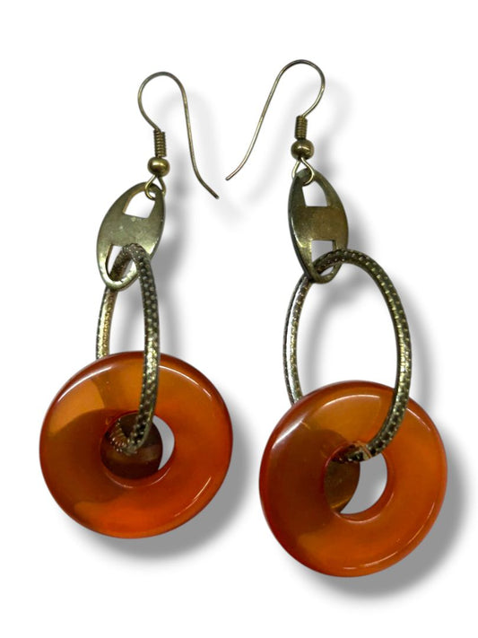 Boho Amber Color Circle Fishhook Pierced Earrings Silvertone 2.75"