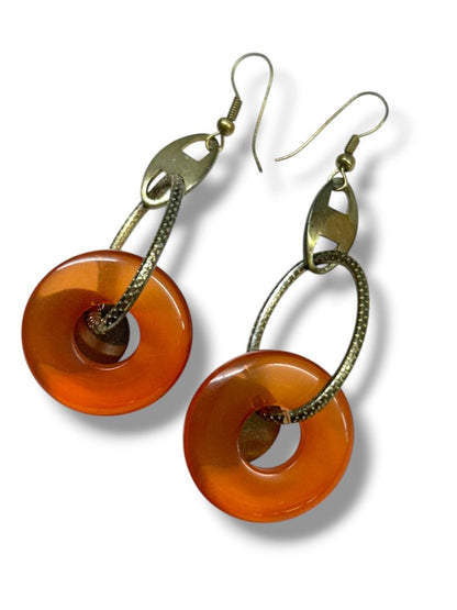 Boho Amber Color Circle Fishhook Pierced Earrings Silvertone 2.75"
