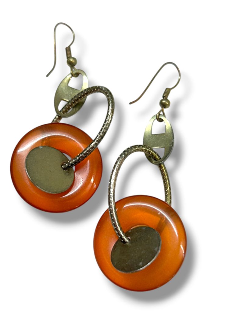 Boho Amber Color Circle Fishhook Pierced Earrings Silvertone 2.75"