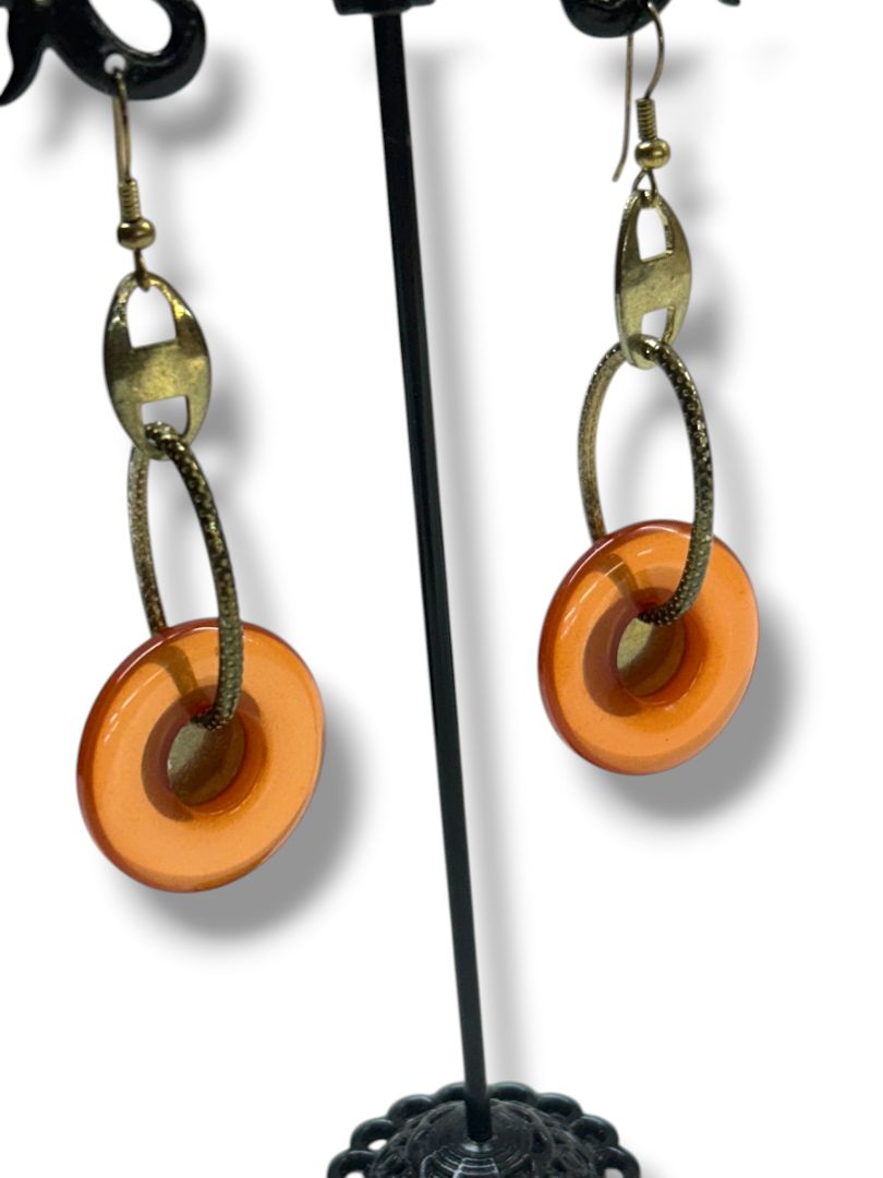 Boho Amber Color Circle Fishhook Pierced Earrings Silvertone 2.75"