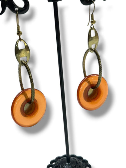 Boho Amber Color Circle Fishhook Pierced Earrings Silvertone 2.75"