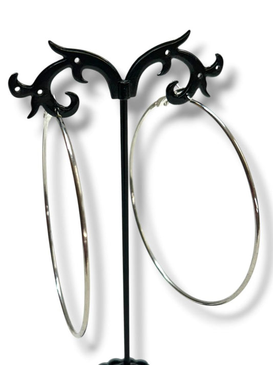 Silvertone Oversize Latch Pierced Earrings Hoop 3"