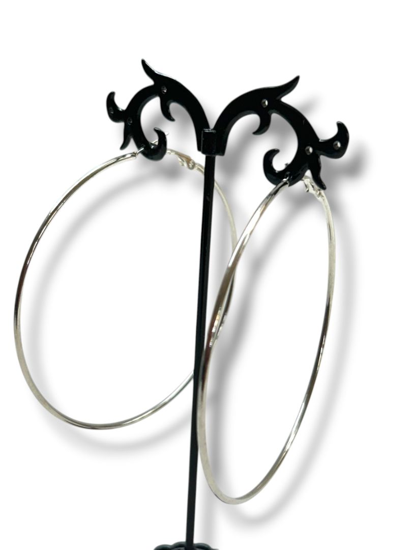 Silvertone Oversize Latch Pierced Earrings Hoop 3"
