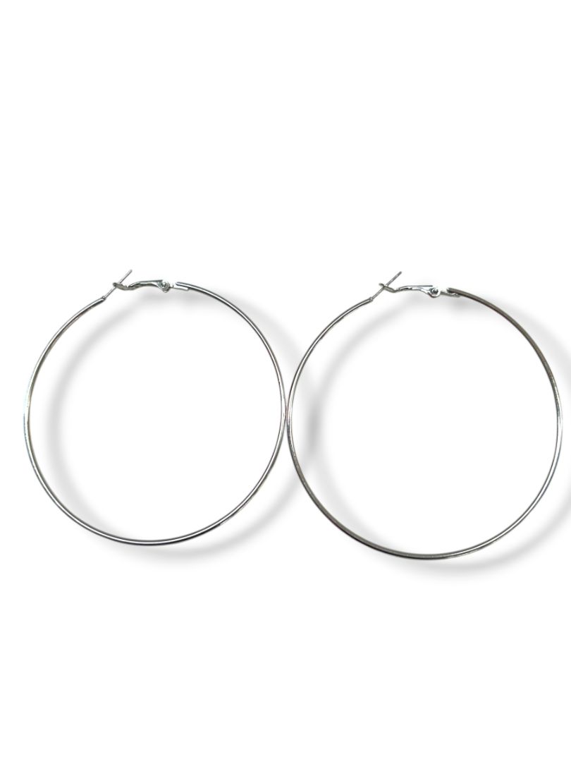 Silvertone Oversize Latch Pierced Earrings Hoop 3"