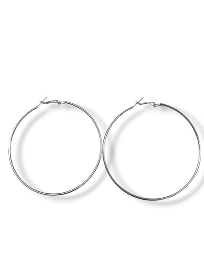 Silvertone Oversize Latch Pierced Earrings Hoop 3"