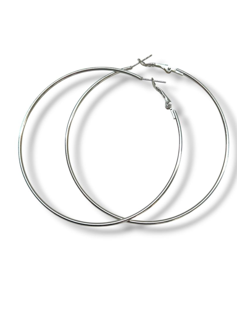 Silvertone Oversize Latch Pierced Earrings Hoop 3"