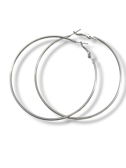 Silvertone Oversize Latch Pierced Earrings Hoop 3"
