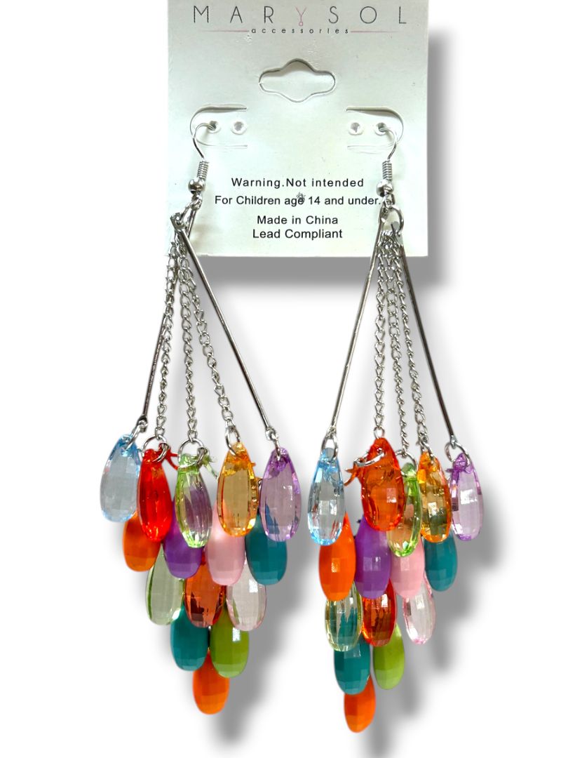 Marysol New Silvertone Pierced Fishhook Earrings Beaded Chandelier 5" Drop