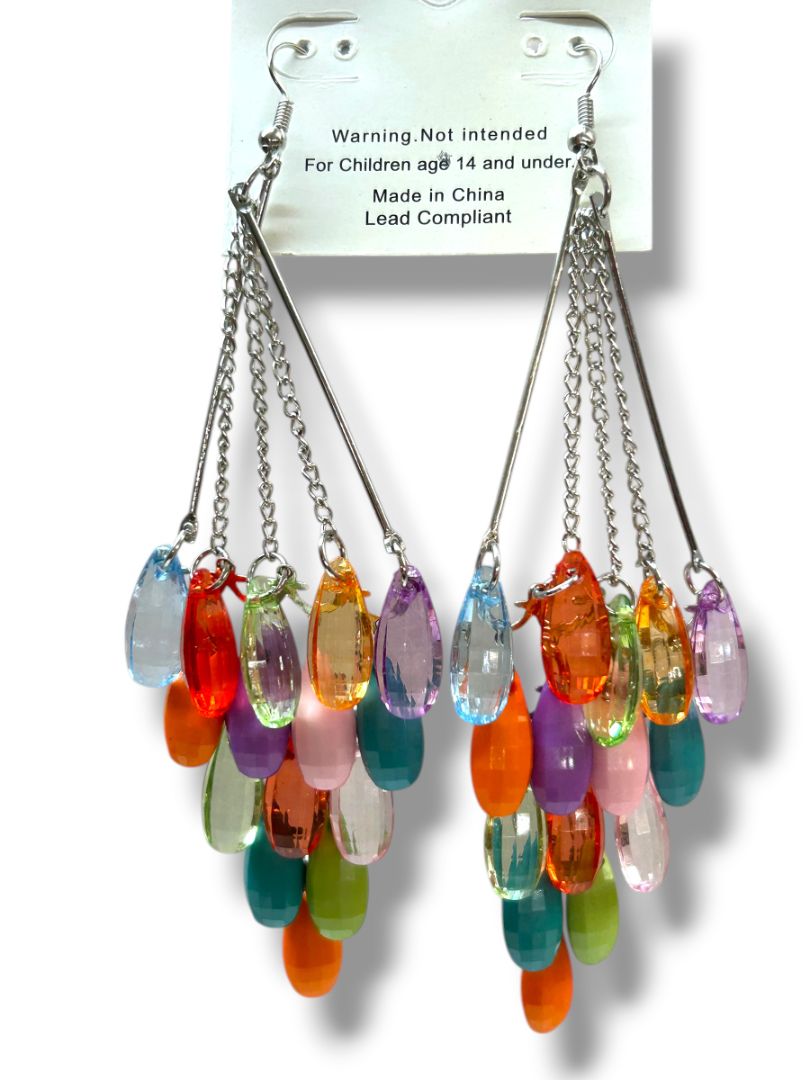 Marysol New Silvertone Pierced Fishhook Earrings Beaded Chandelier 5" Drop