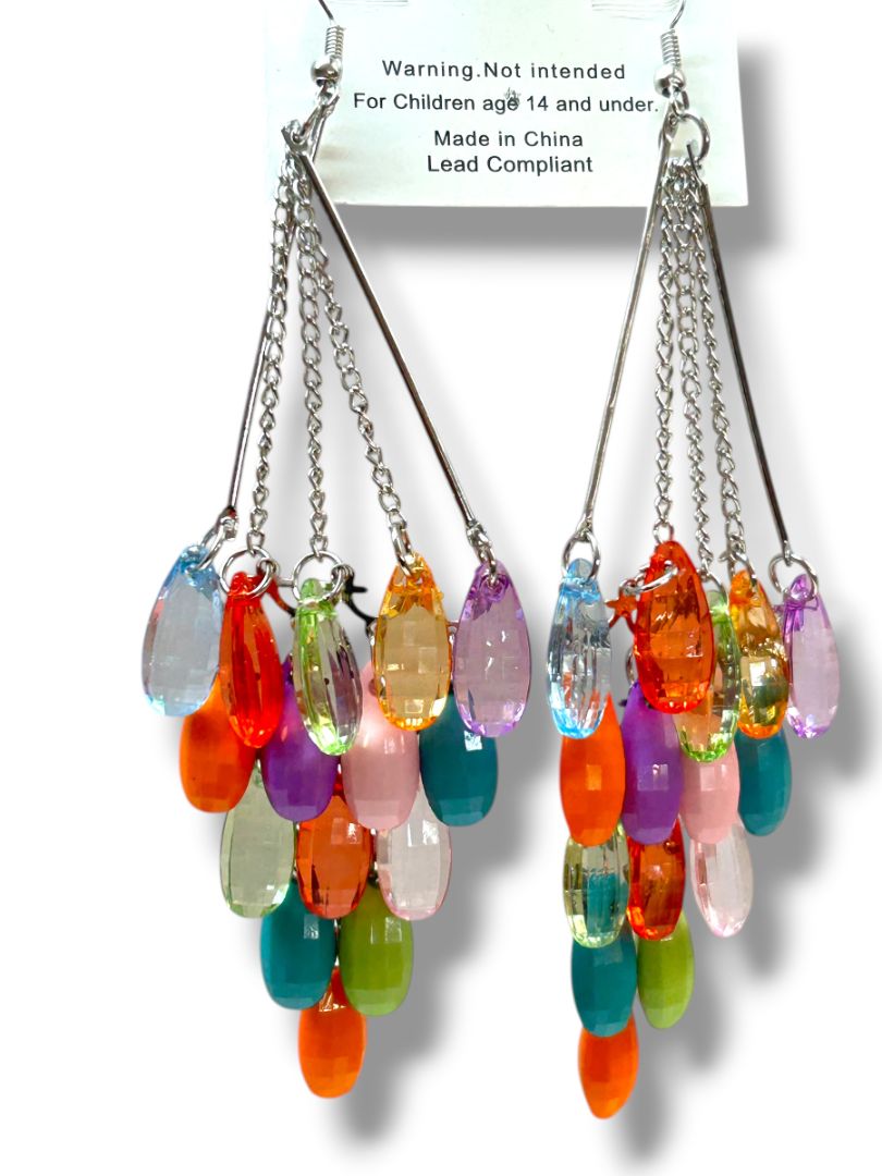 Marysol New Silvertone Pierced Fishhook Earrings Beaded Chandelier 5" Drop