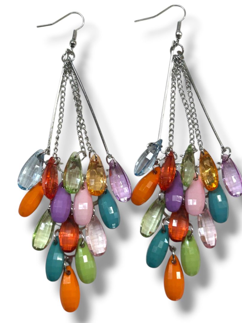 Marysol New Silvertone Pierced Fishhook Earrings Beaded Chandelier 5" Drop
