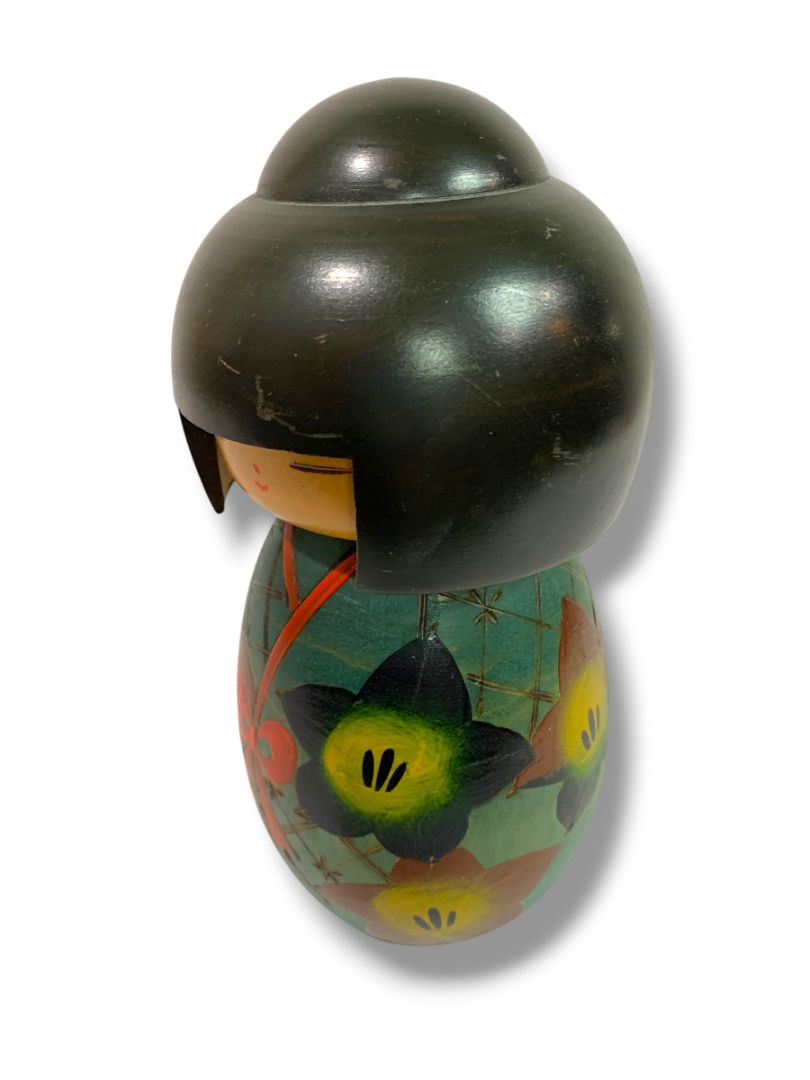 Japanese Kokeshi Doll Wooden Figurine Bell Flower 6.2"