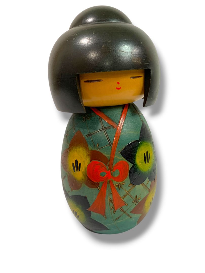 Japanese Kokeshi Doll Wooden Figurine Bell Flower 6.2"
