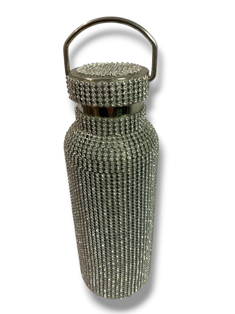 Silvertone Sparkle Rhinestone Water Bottle New Screw Top Handle