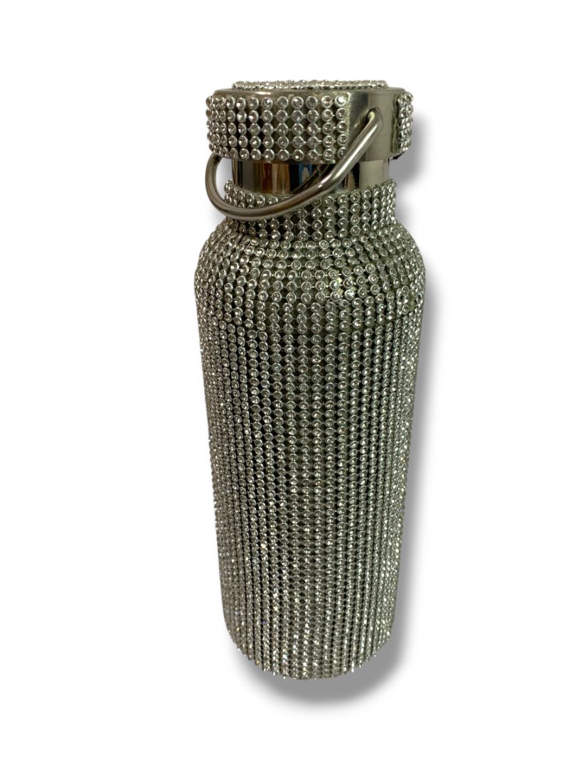 Silvertone Sparkle Rhinestone Water Bottle New Screw Top Handle