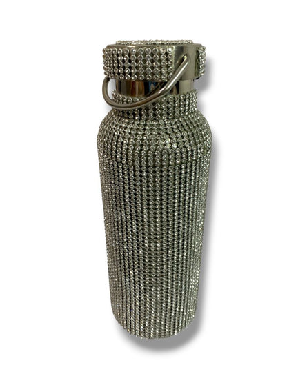 Silvertone Sparkle Rhinestone Water Bottle New Screw Top Handle