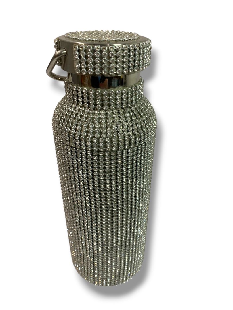 Silvertone Sparkle Rhinestone Water Bottle New Screw Top Handle