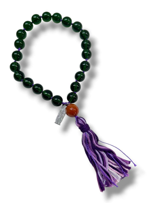 Green Hand Knotted Prayer Beads Purple Tassel Faith Charm Chant Mantra