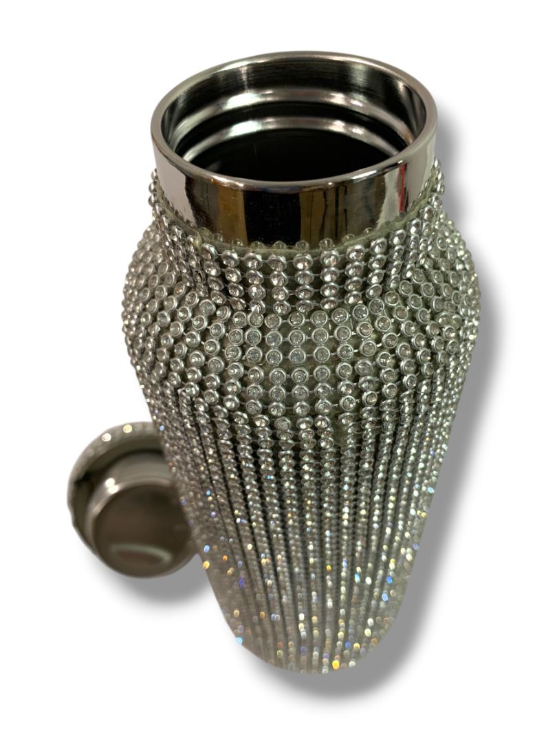 Silvertone Sparkle Rhinestone Water Bottle New Screw Top Handle