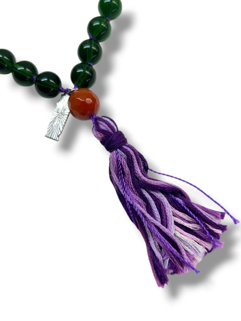 Green Hand Knotted Prayer Beads Purple Tassel Faith Charm Chant Mantra