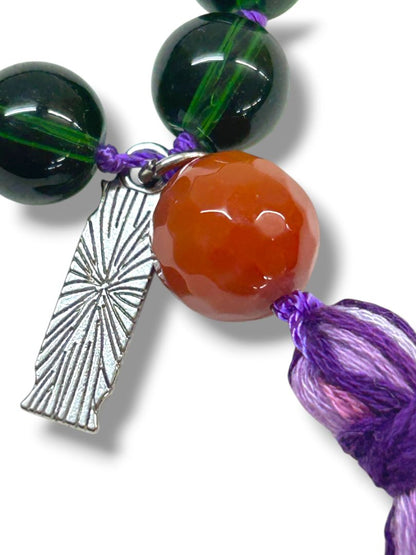 Green Hand Knotted Prayer Beads Purple Tassel Faith Charm Chant Mantra