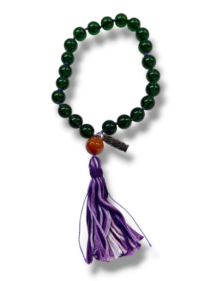 Green Hand Knotted Prayer Beads Purple Tassel Faith Charm Chant Mantra