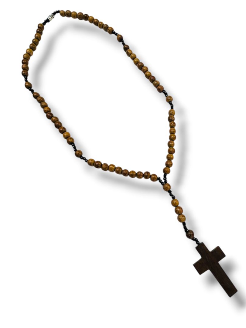 Vintage Wooden Prayer Bead Cross Necklace Barrel Clasp