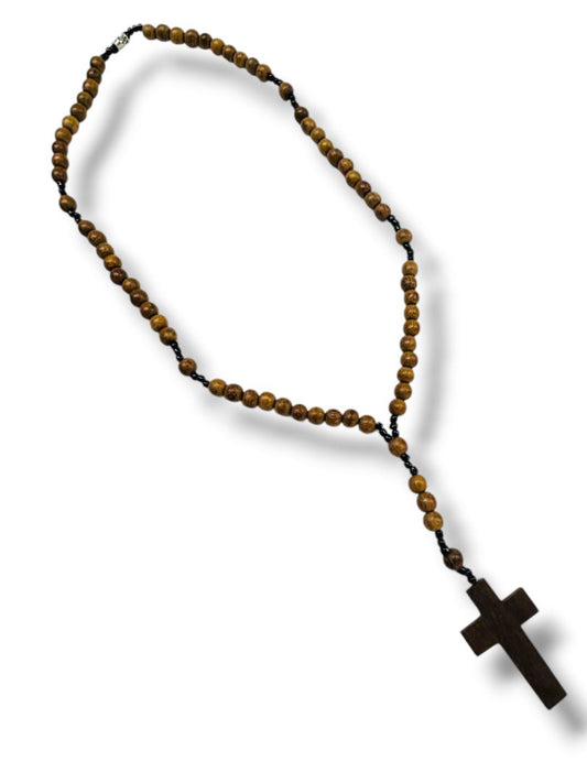 Vintage Wooden Prayer Bead Cross Necklace Barrel Clasp